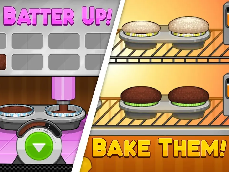 Papa's Cupcakeria HD gameplay: batter being poured into liners on the left and finished cakes moving through the oven racks on the right