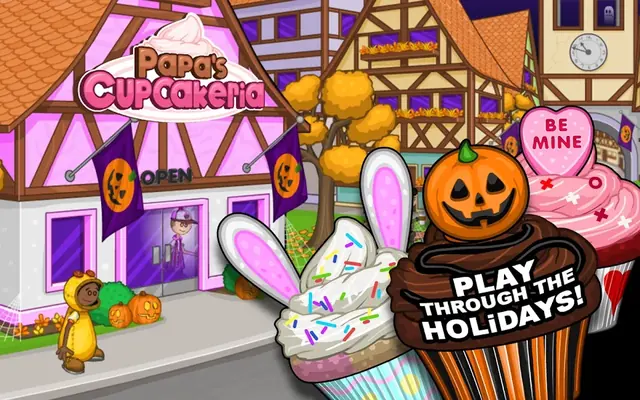 The Papa's Cupcakeria HD shop front dressed for a seasonal event, with decorated cakes on the sign