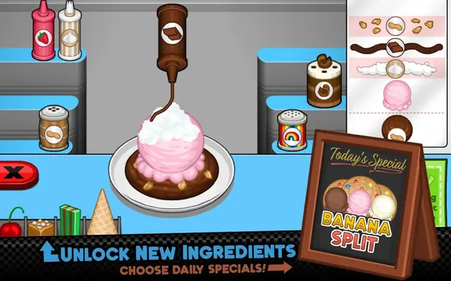 Papa's Scooperia HD build station adding a swirl of whipped topping to a finished sundae beside a daily special board