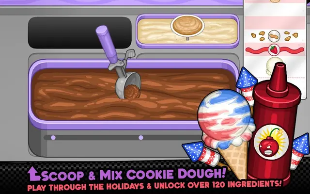 Papa's Scooperia HD cookie dough station with a scoop lifting chocolate dough from the mixing trough