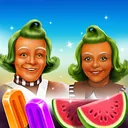 Wonka's World of Candy Match 3 app icon: two factory workers beside a watermelon and ice lollies